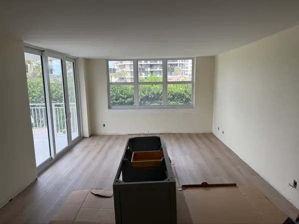 Brigadoon Renovation — Living room with new plank flooring